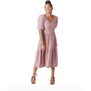 Nation LTD Geri Short Sleeve Midi Peasant Dress Size Large Pink Tiered